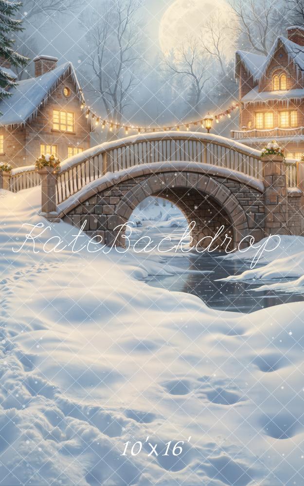 Kate Sweep Winter Stone Bridge Snowy Village Moonlight Backdrop Designed by GQ - Image 3