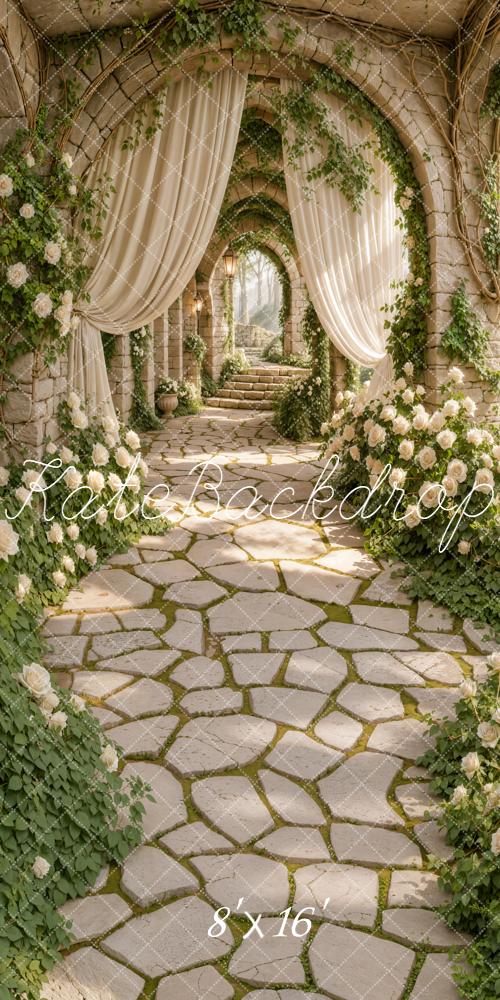 Kate Sweep Stone Archway White Roses Curtains Backdrop Designed by Emetselch - Image 2