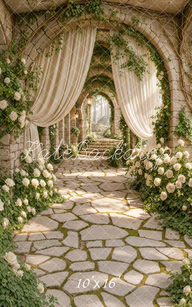 Kate Sweep Stone Archway White Roses Curtains Backdrop Designed by Emetselch - Image 3