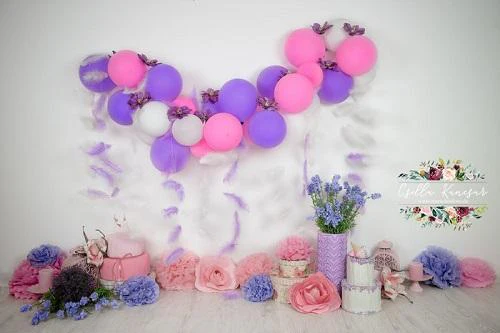 Kate Cake Smash Backdrop Balloons Purple Feathers Designed by Csilla Kancsar - Image 2