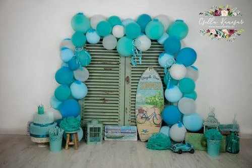 Kate Summer Backdrop Blue Balloons Surfboard Designed by Csilla Kancsar - Image 2