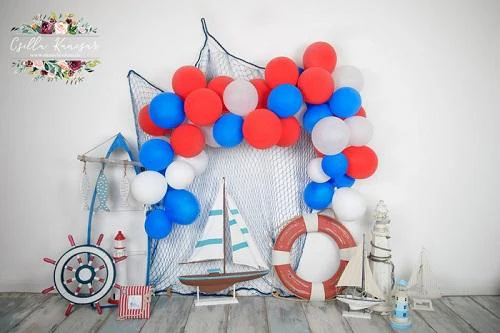 Kate Sailor Backdrop Blue&Red Balloons Sailboat Designed by Csilla Kancsar - Image 2