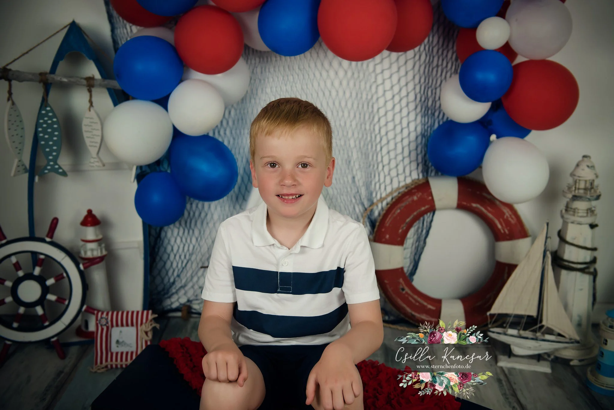 Kate Sailor Backdrop Blue&Red Balloons Sailboat Designed by Csilla Kancsar - Image 3