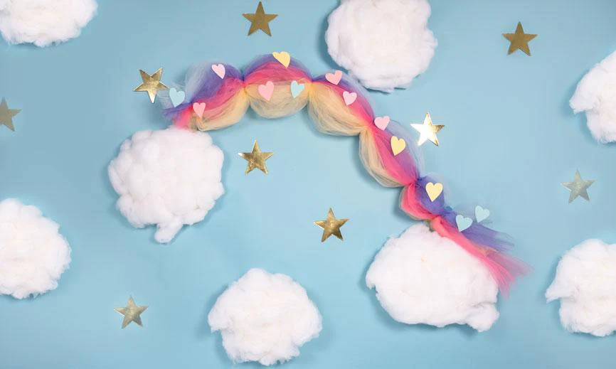 Kate Cake Smash Rainbow Clouds Blue Backdrop Designed By Angela Marie Photography - Image 2