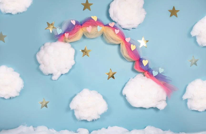 Kate Cake Smash Rainbow Clouds Blue Backdrop Designed By Angela Marie Photography - Image 3