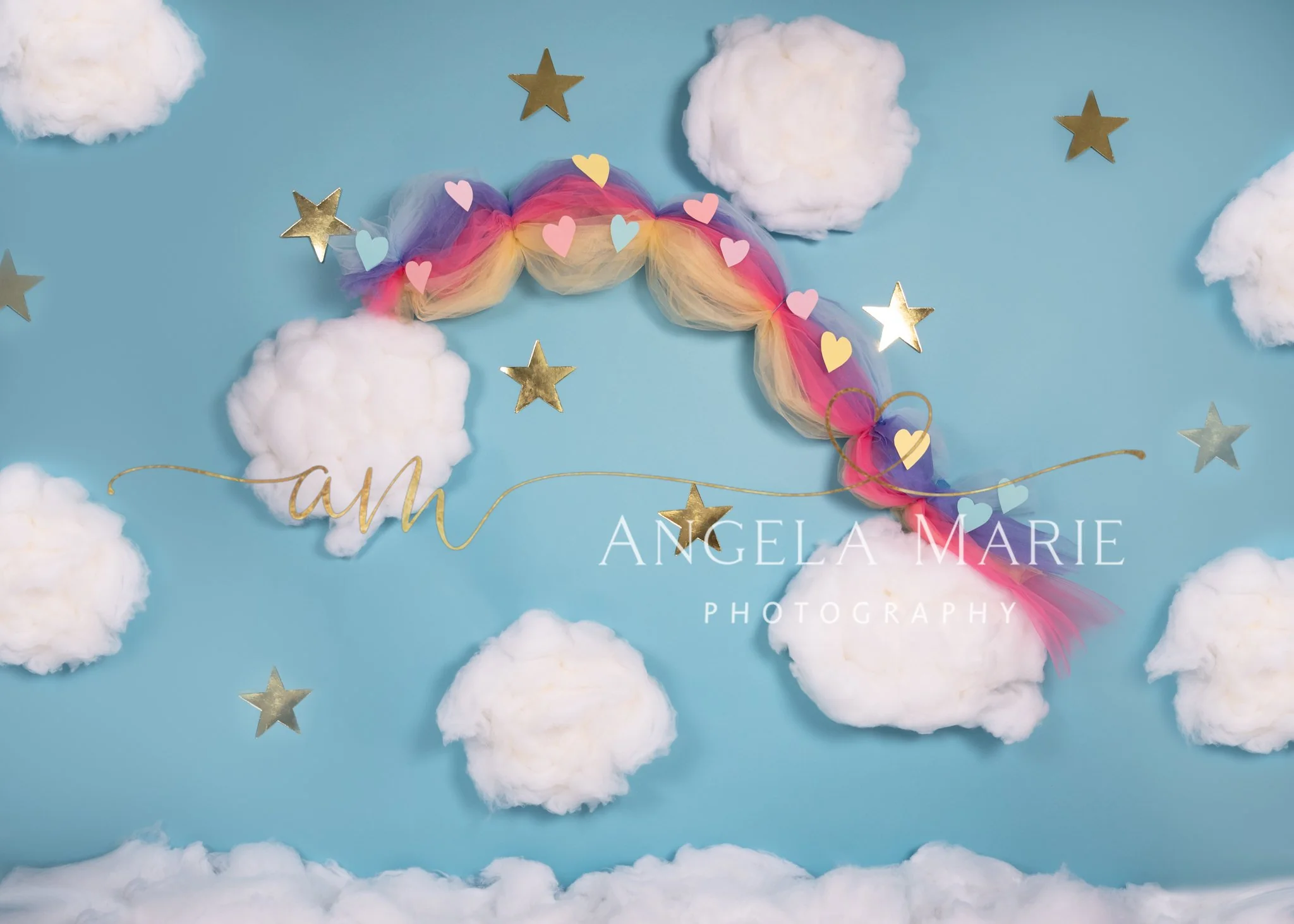 Kate Cake Smash Rainbow Clouds Blue Backdrop Designed By Angela Marie Photography - Image 4