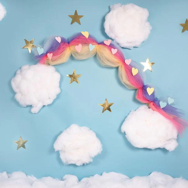 Kate Cake Smash Rainbow Clouds Blue Backdrop Designed By Angela Marie Photography - Image 5