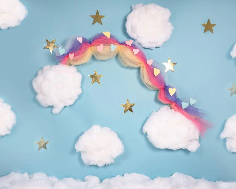 Kate Cake Smash Rainbow Clouds Blue Backdrop Designed By Angela Marie Photography - Image 6