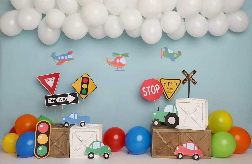 Kate Colorful Birthday Cars Trucks Airplanes Backdrop Designed by Melissa King - Image 4