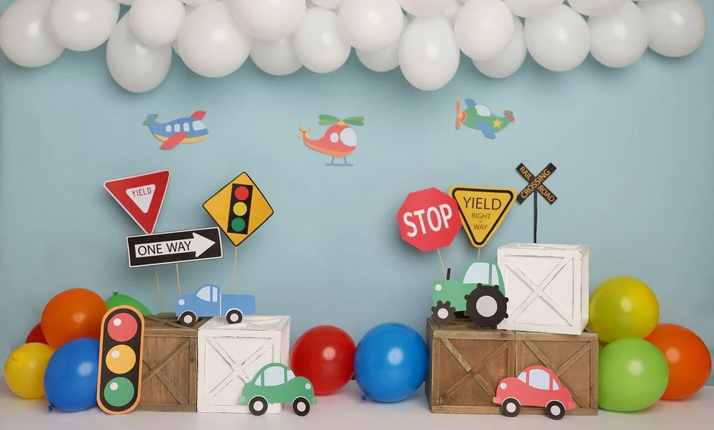 Kate Colorful Birthday Cars Trucks Airplanes Backdrop Designed by Melissa King - Image 6