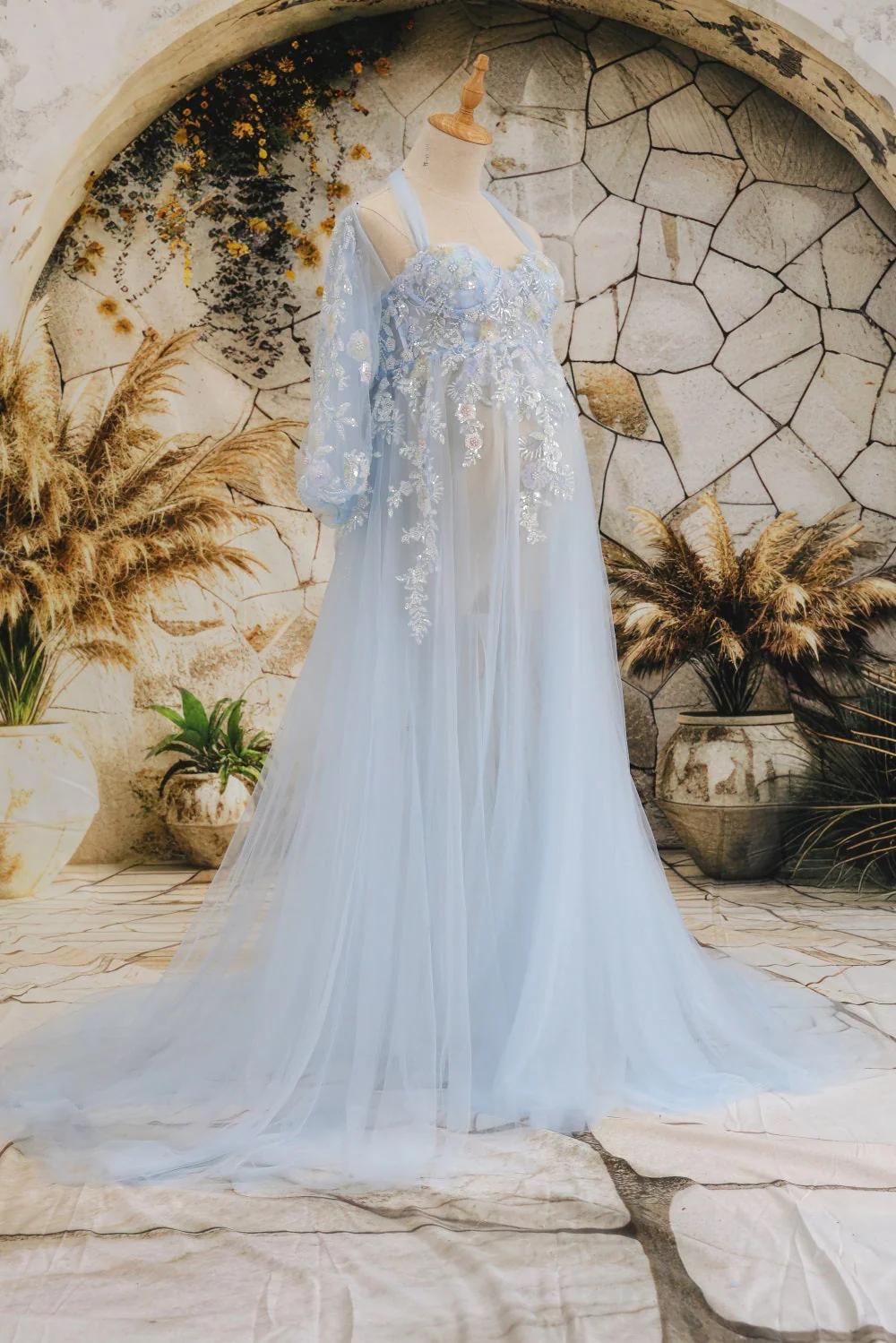 Kate Mesh Hanging Neck Mid Sleeve Trailing Maternity Photoshoot Dress - Image 6