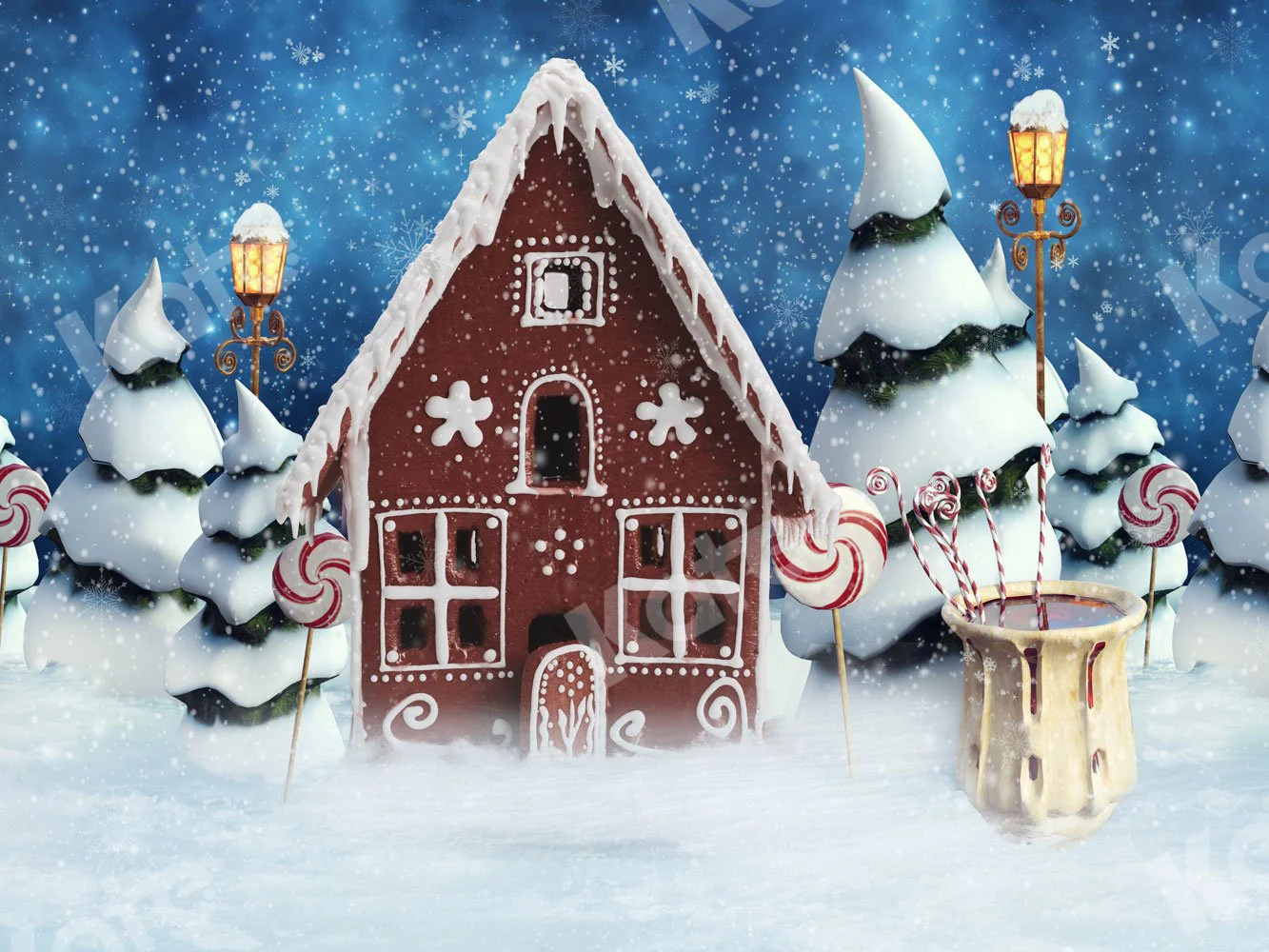 Kate Christmas Gingerbread House Snow Backdrop for Photography - Image 2