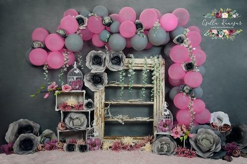 Kate Cake Smash Backdrop Grey&Pink Balloons Designed by Csilla Kancsar - Image 2