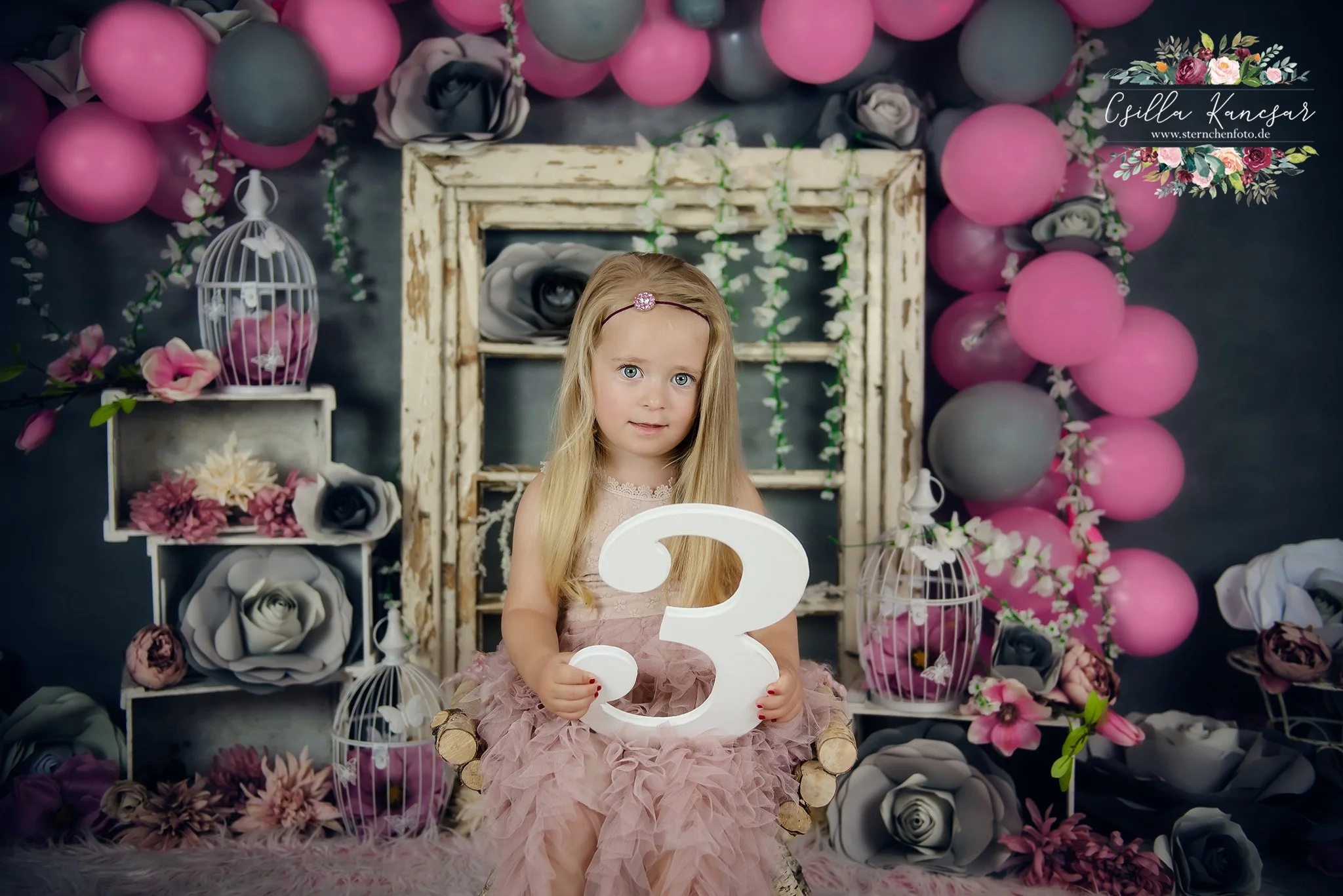 Kate Cake Smash Backdrop Grey&Pink Balloons Designed by Csilla Kancsar - Image 3