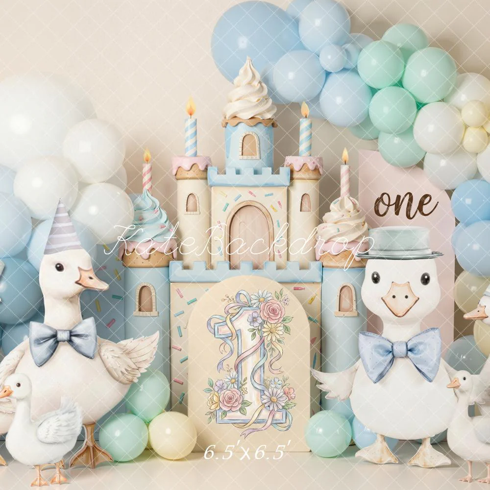 Kate 1st Birthday Castle Geese Pastel Balloons Backdrop Designed by Emetselch - Image 2