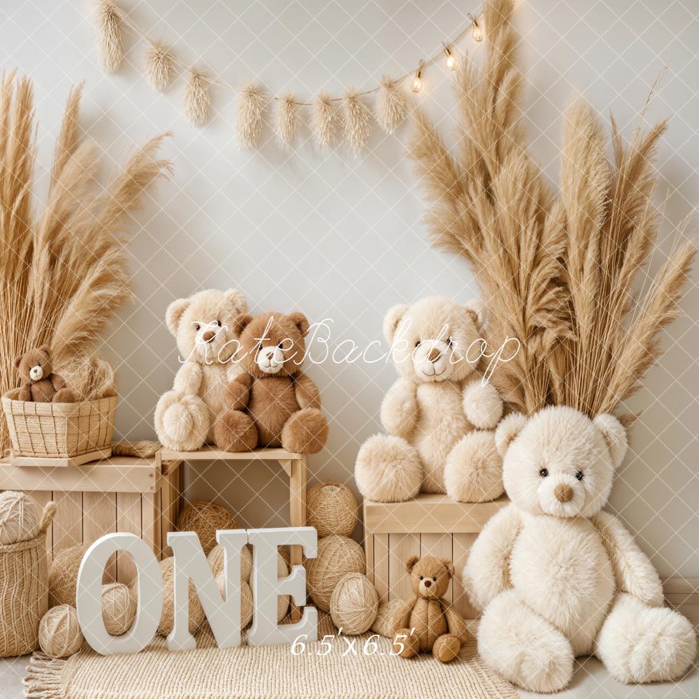 Kate 1st Birthday Teddy Bears Boho Pampas Backdrop Designed by Emstselch - Image 2