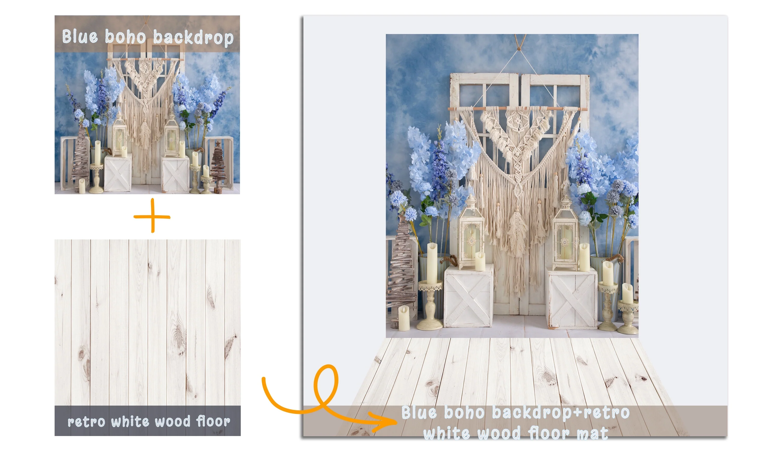 Kate 8x8ft Boho Blue Backdrop + 5x8ft Retro White Wood Rubber Floor Mat for Photography - Image 2
