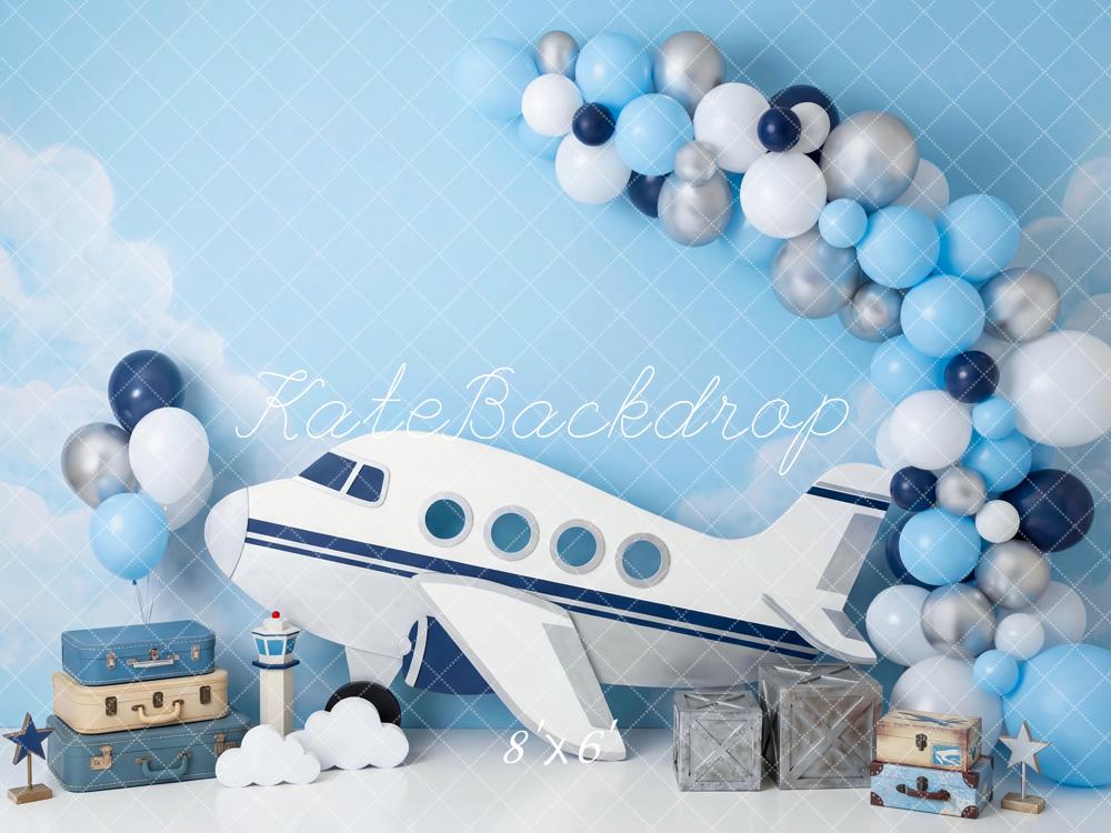 Kate Aeroplane Balloons Suitcases Sky Blue Backdrop Designed by Patty Robert - Image 3