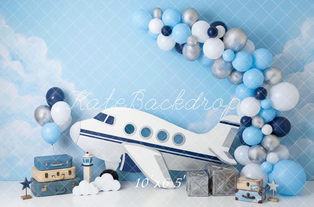Kate Aeroplane Balloons Suitcases Sky Blue Backdrop Designed by Patty Robert - Image 4