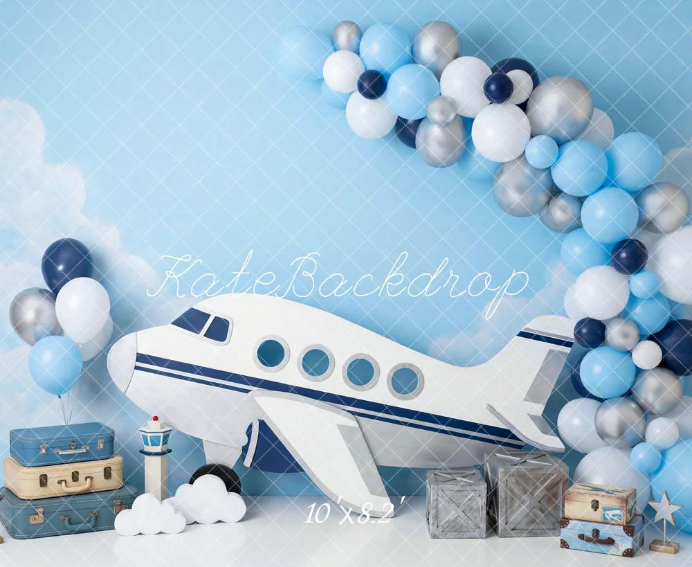 Kate Aeroplane Balloons Suitcases Sky Blue Backdrop Designed by Patty Robert - Image 6