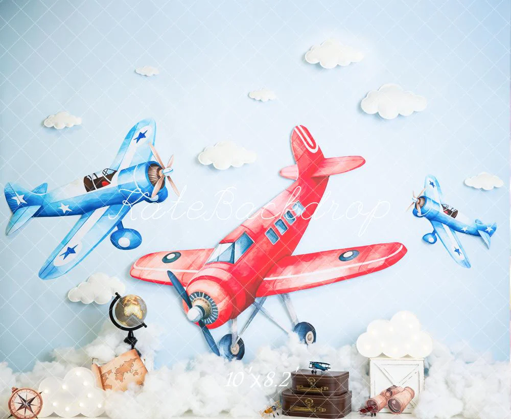 Kate Aeroplane Clouds Suitcases Blue Fleece Backdrop Designed by Megan Leigh Photography - Image 3