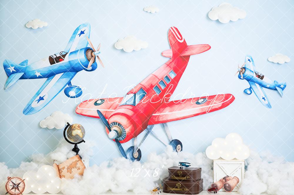 Kate Aeroplane Clouds Suitcases Blue Fleece Backdrop Designed by Megan Leigh Photography - Image 4