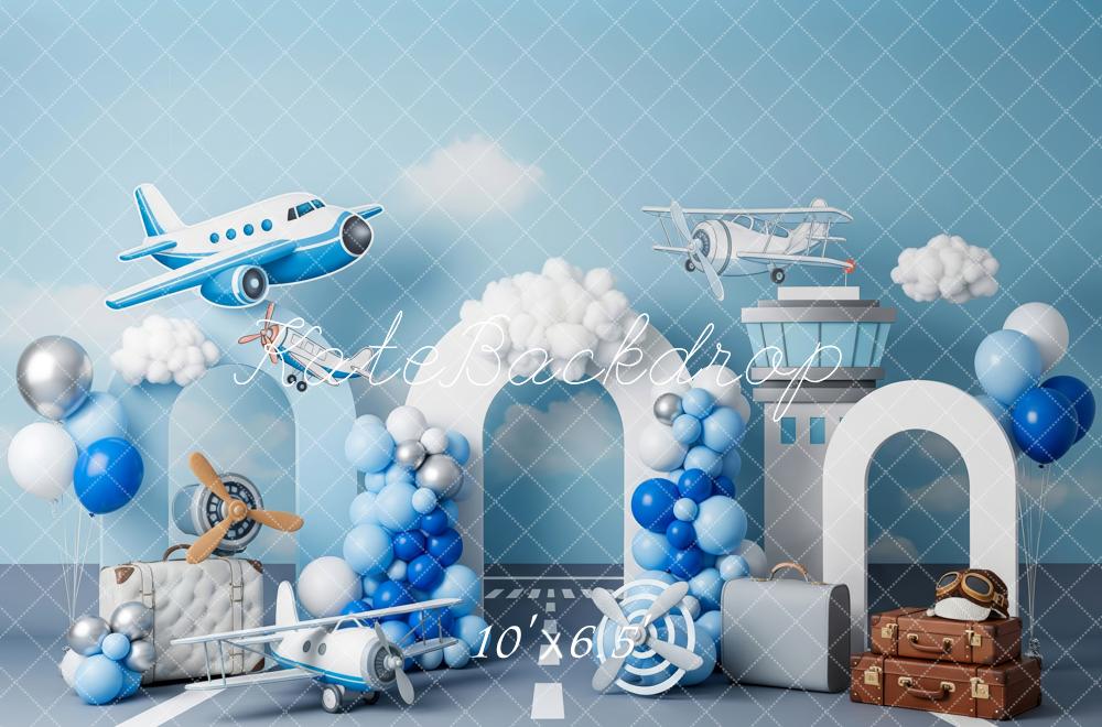 Kate Aeroplane Suitcases Blue Balloons Backdrop Designed by Patty Robert - Image 4