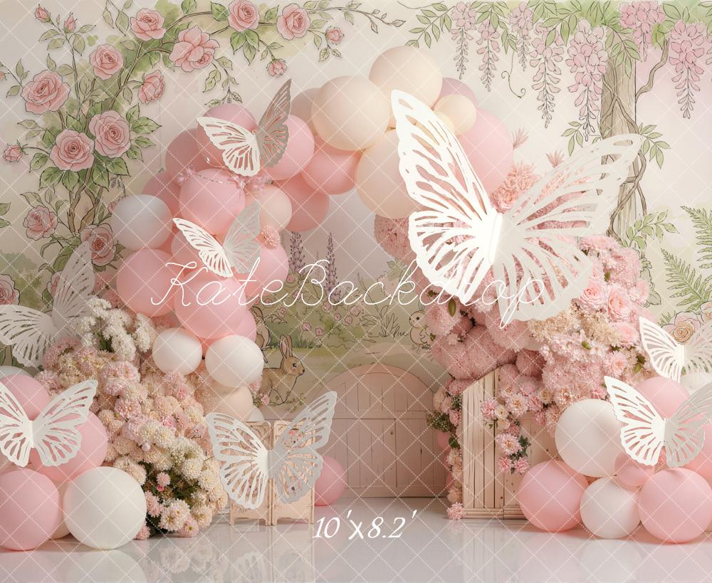 Kate Pink Balloons Arch Butterfly Garden Fleece Backdrop Designed by Emetselch - Image 3