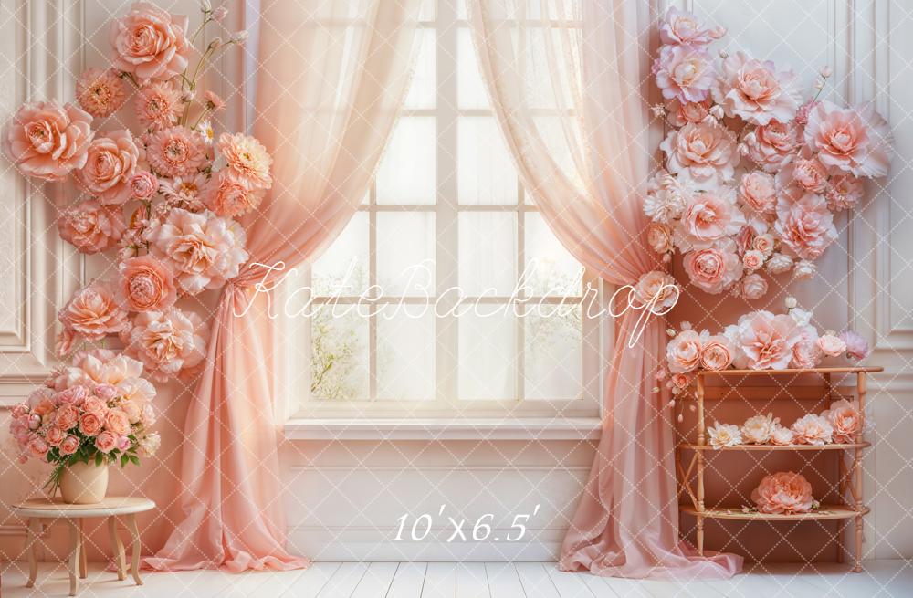 Kate Flower Pink Curtain Window Fleece Backdrop Designed by Emetselch - Image 2