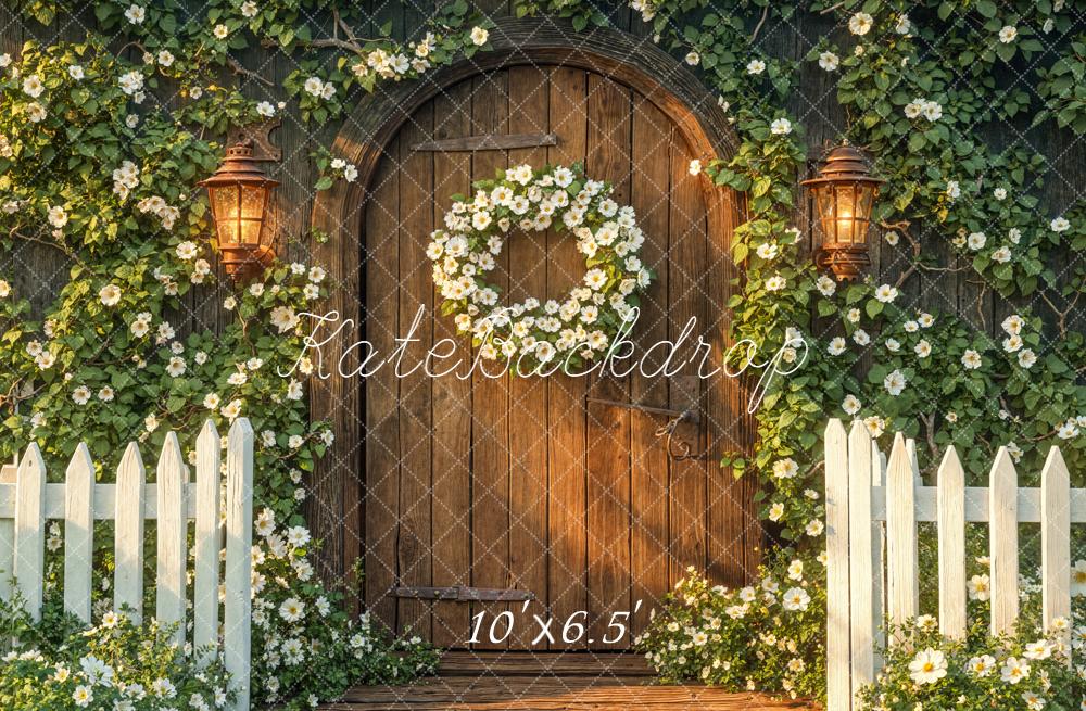 Kate Arch Wooden Door White Fence Fleece Backdrop Designed by Emetselch - Image 2