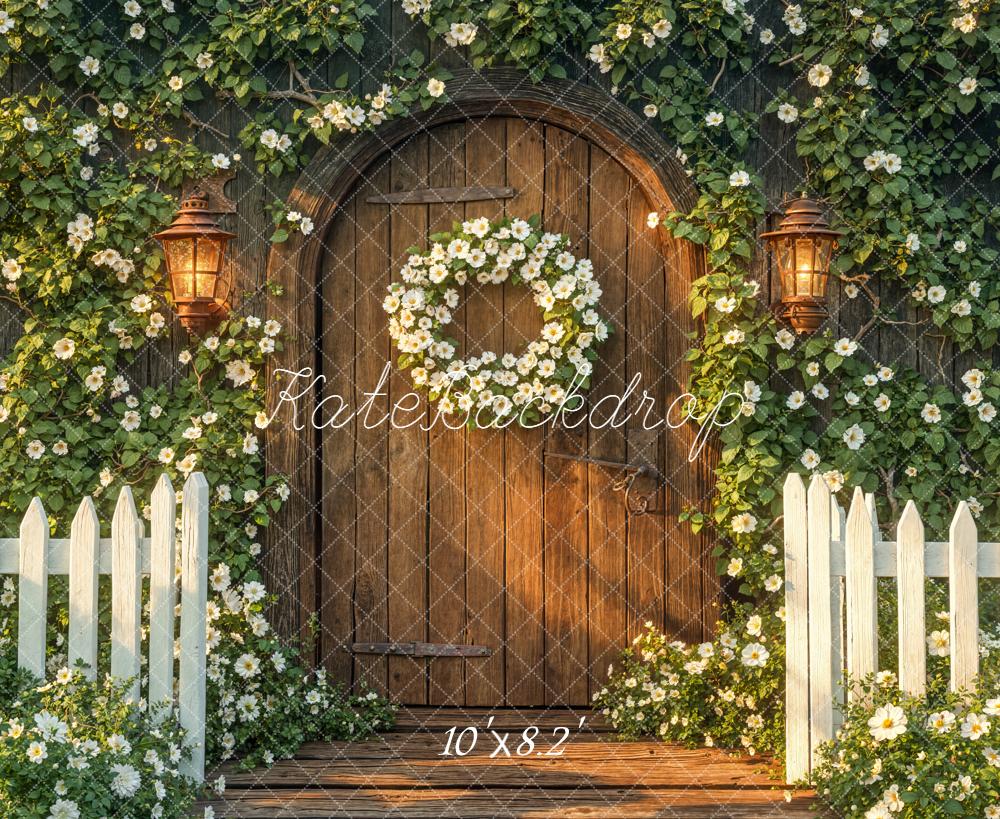 Kate Arch Wooden Door White Fence Fleece Backdrop Designed by Emetselch - Image 3