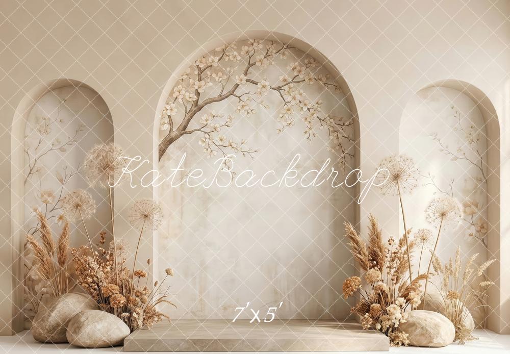 Kate Boho Arched Niches Floral Branches Beige Backdrop Designed by Patty Robert