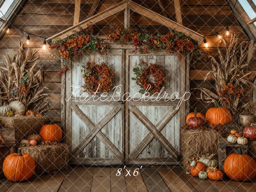 Kate Autumn Barn Door Pumpkins Hay Backdrop Designed by Emetselch - Image 3