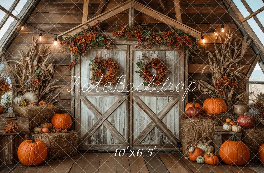 Kate Autumn Barn Door Pumpkins Hay Backdrop Designed by Emetselch - Image 4