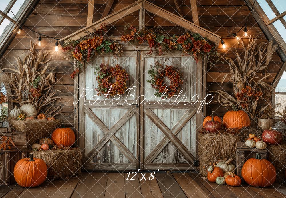Kate Autumn Barn Door Pumpkins Hay Backdrop Designed by Emetselch - Image 8