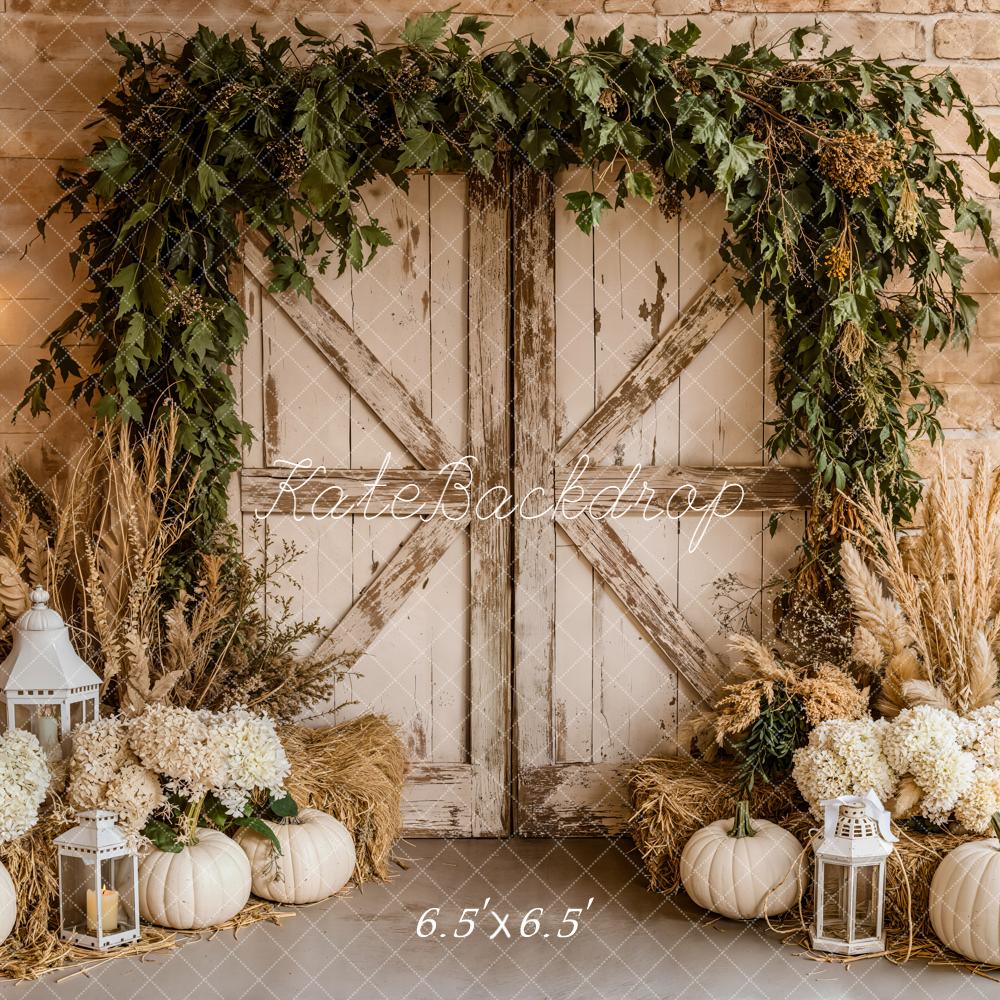 Kate Autumn Barn Door White Pumpkins Lanterns Backdrop Designed by Emetselch - Image 2