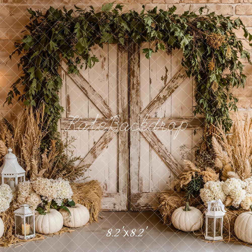 Kate Autumn Barn Door White Pumpkins Lanterns Backdrop Designed by Emetselch - Image 5