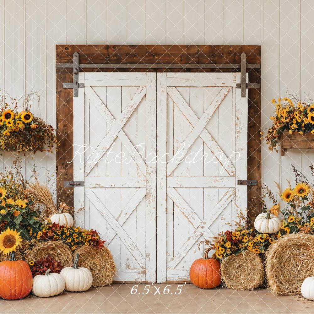 Kate Autumn Barn Door Sunflower Pumpkins Backdrop Designed by Emetselch - Image 2