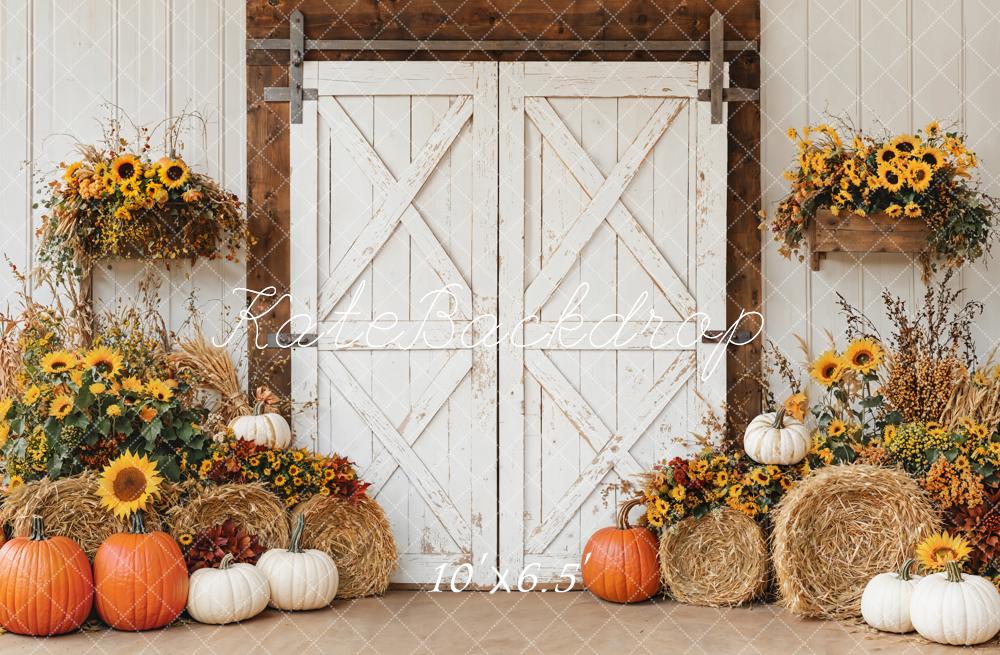 Kate Autumn Barn Door Sunflower Pumpkins Backdrop Designed by Emetselch - Image 4