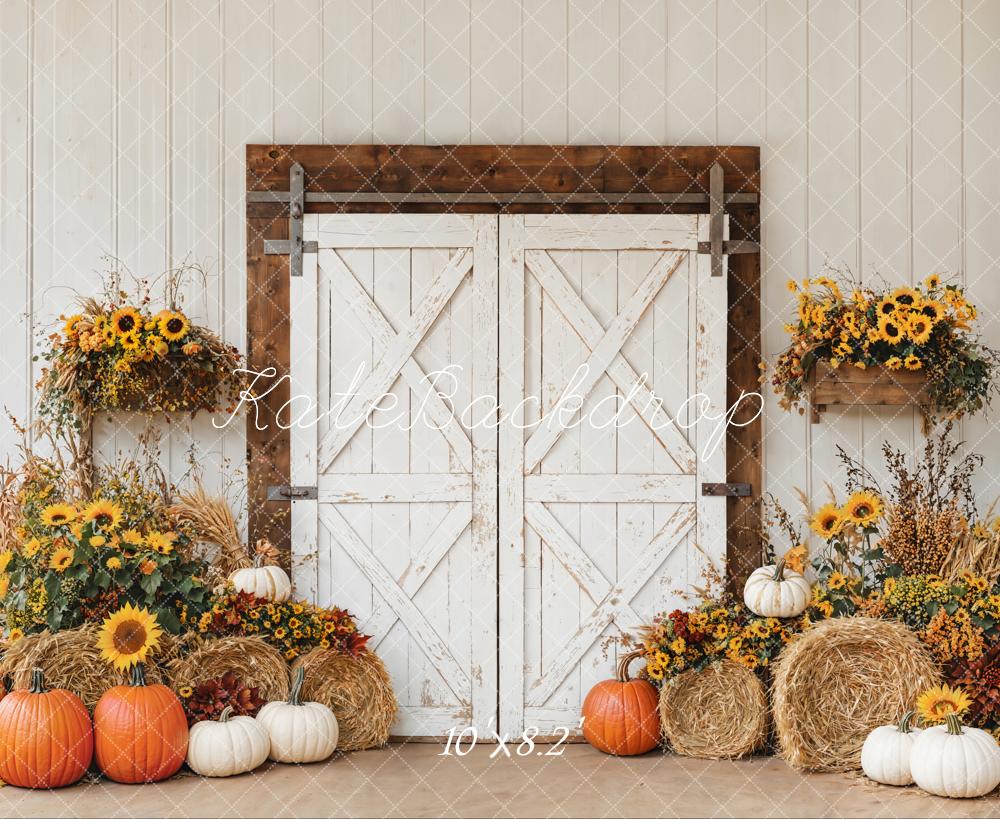 Kate Autumn Barn Door Sunflower Pumpkins Backdrop Designed by Emetselch - Image 5