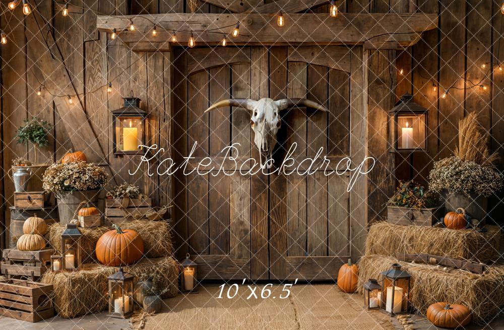 Kate Autumn Barn Lantern Pumpkin Hay Fleece Backdrop Designed by Emetselch - Image 2