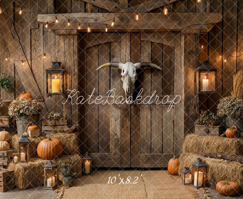 Kate Autumn Barn Lantern Pumpkin Hay Fleece Backdrop Designed by Emetselch - Image 3