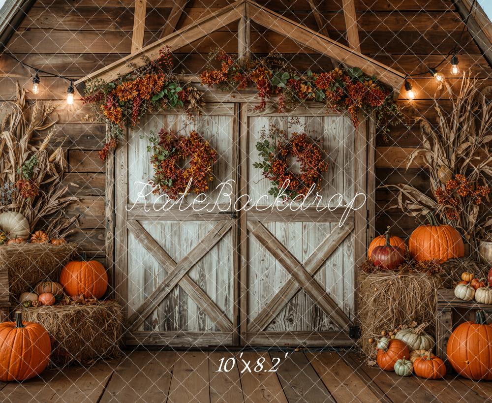 Kate Autumn Barn Pumpkins Hay Fleece Backdrop Designed by Emetselch - Image 3
