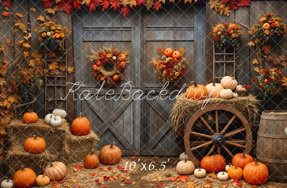 Kate Autumn Barn Wood Door Maple Pumpkin Backdrop Designed by Emetselch - Image 4