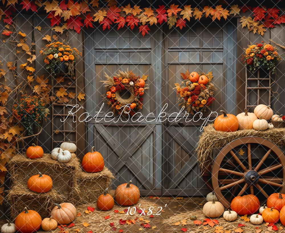 Kate Autumn Barn Wood Door Maple Pumpkin Backdrop Designed by Emetselch - Image 5