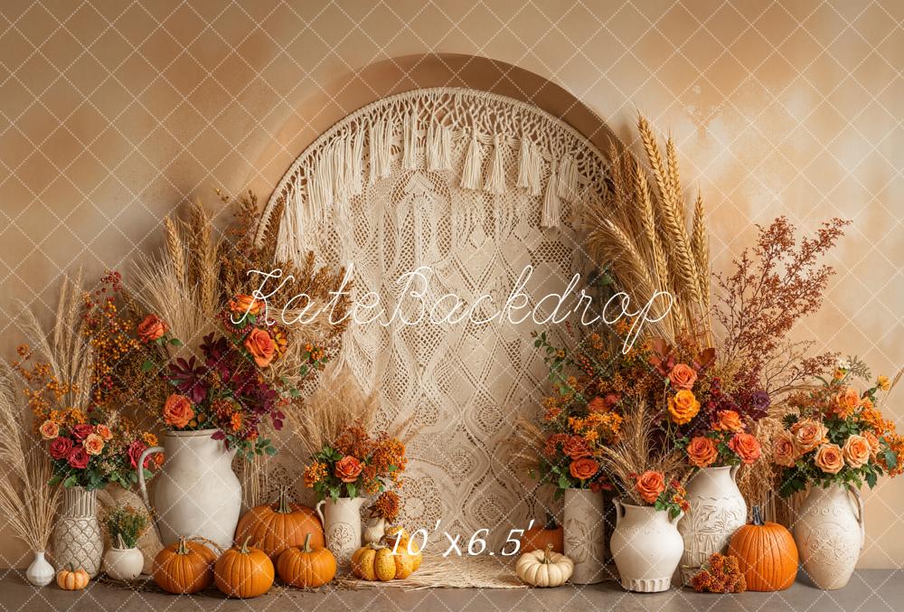 Kate Autumn Boho Pumpkins Macrame Fleece Backdrop Designed by Emetselch - Image 2