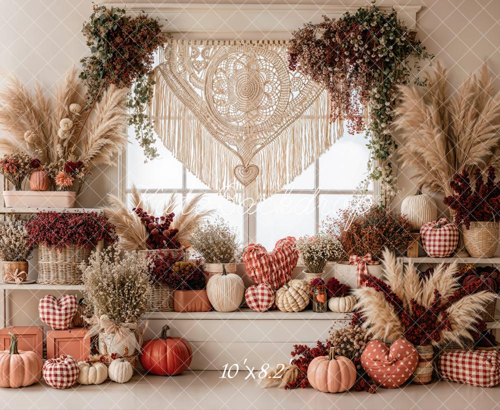Kate Autumn Boho Pumpkins Macrame Window Fleece Backdrop Designed by Emetselch - Image 3