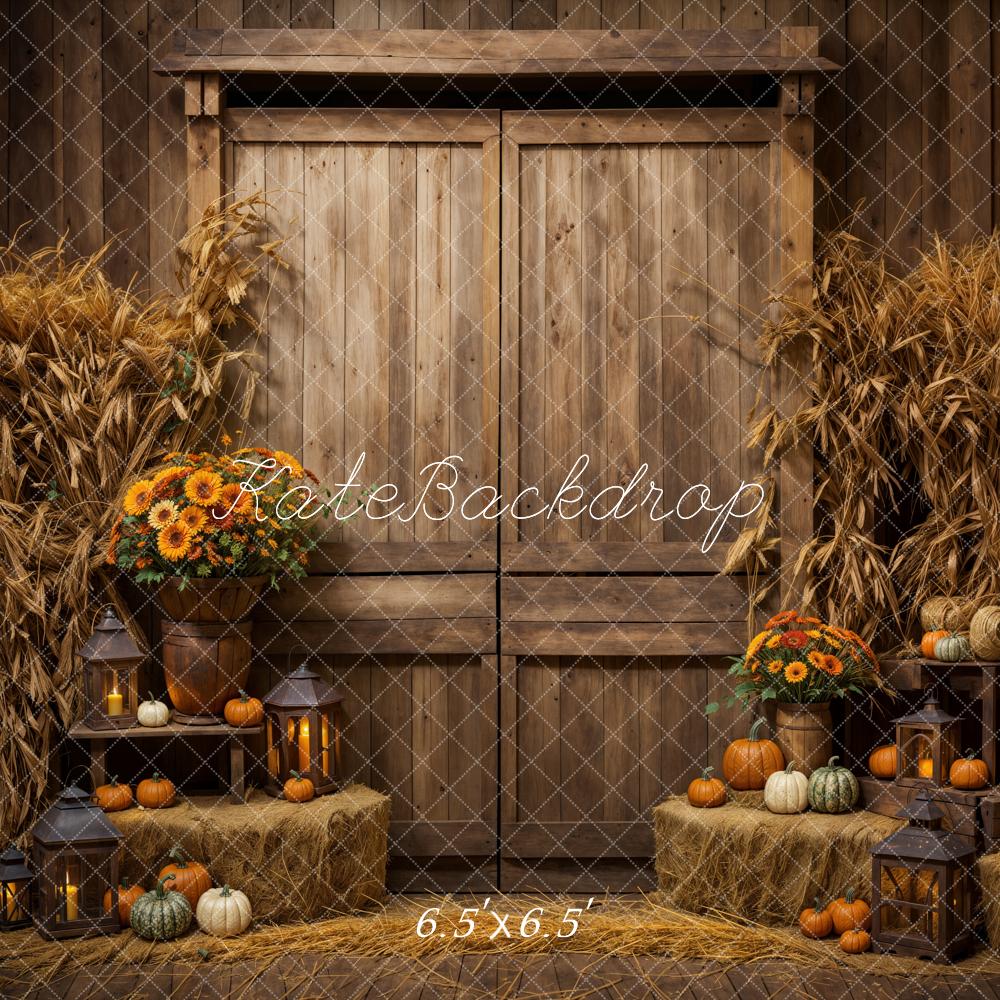Kate Autumn Dark Brown Wooden Barn Door Pumpkin Backdrop Designed by Emetselch - Image 2