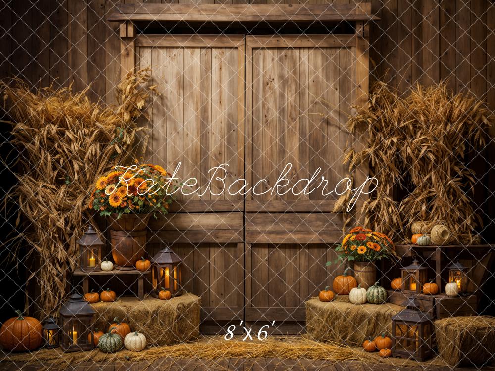Kate Autumn Dark Brown Wooden Barn Door Pumpkin Backdrop Designed by Emetselch - Image 3