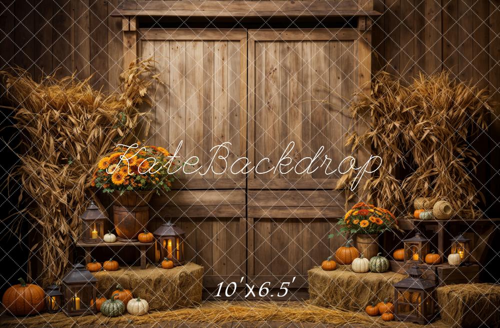 Kate Autumn Dark Brown Wooden Barn Door Pumpkin Backdrop Designed by Emetselch - Image 4